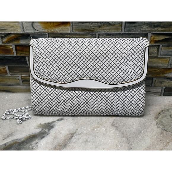 Vintage TF Tiger Metallic Purse Clutch White & Gold Art Deco Shoulder Chain - Picture 1 of 11